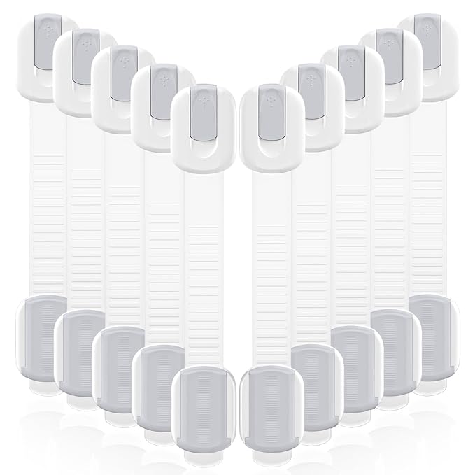 10 Pack Cabinet Locks Baby Proofing, Child Proof Cabinet Locks with 3M Adhesive - Easy Installation with Adjustable Straps, Multi-Purpose Child Safety Latches for Drawers Fridge Trash Cans White-Gray
