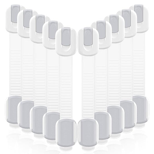 10 Pack Cabinet Locks Baby Proofing, Child Proof Cabinet Locks with 3M Adhesive - Easy Installation with Adjustable Straps, Multi-Purpose Child Safety Latches for Drawers Fridge Trash Cans White-Gray