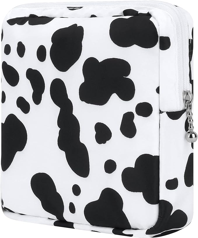 Sanitary Pad Storage Bag Portable Period Bag for Teen Pads/Sanitary Napkins/Small Tampons, Sanitary Napkin Storage Bag First Period Gifts for Teen Girls (Cow)