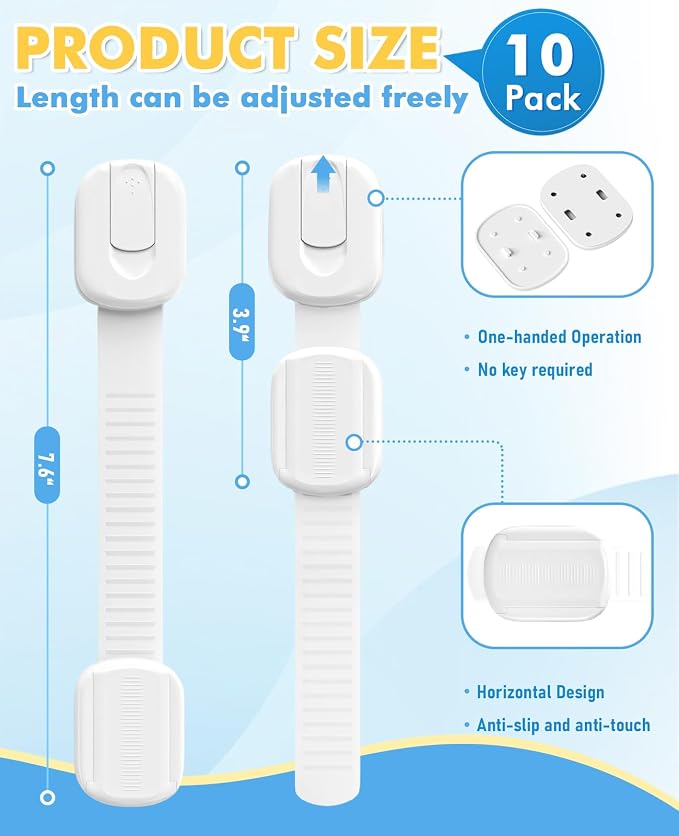 12 Pack Cabinet Locks Baby Proofing, Child Proof Cabinet Locks with 3M Adhesive - Easy Installation with Adjustable Straps, Multi-Purpose Child Safety Latches for Drawers Fridge Trash Cans Toilets