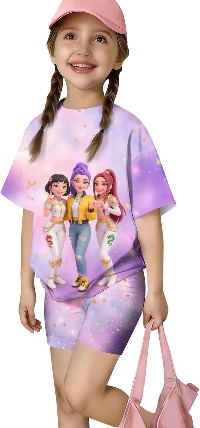 K-POP DEM0N Hunters Outfits for Girls, 2 Piece T-Shirts and Apparel Sets Birthday Gift