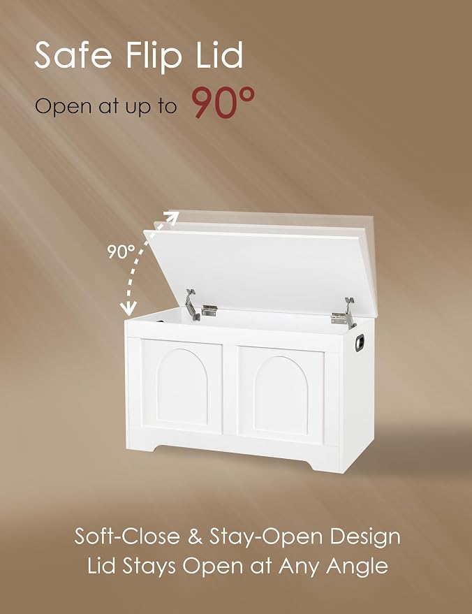 Storage Chest, Wooden Toy Box, White 31.5" L | Entryway Shoe Bench, 2 Soft-close Hinges, Finger-safe Flip-Top Lid, Easy Assembly, Farmhouse Large Trunk, Living Room/Bedroom