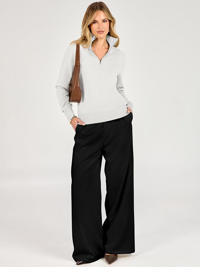 ANRABESS Women Quarter Zip Long Sleeve Fall Pullover Sweater | Soft Knit Fabric Medium Stretch, Business Casual Work Office, Travel Vacation, 2026 Trendy Fashion, Winter Cozy Outfits