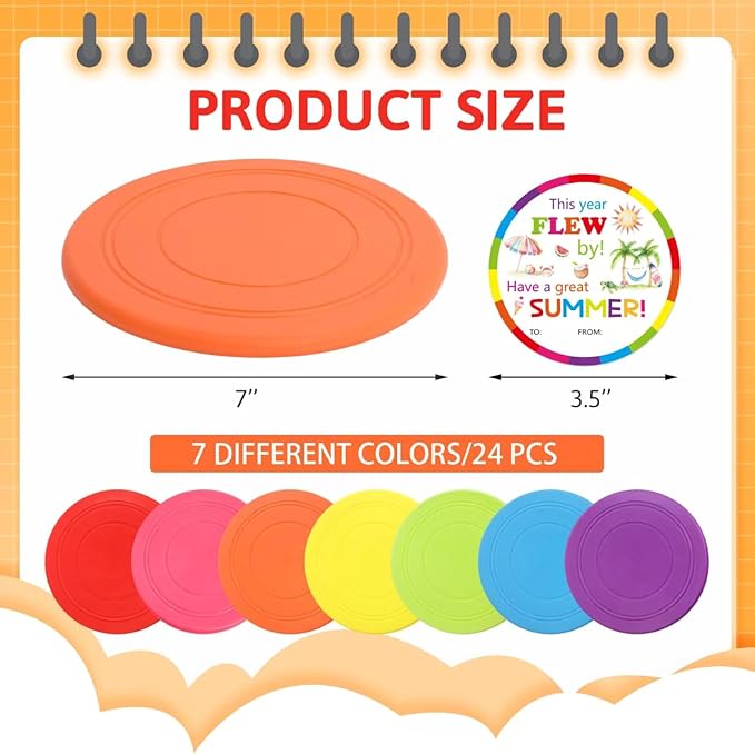 ceiba tree 24 Pcs End of Year Student Gifts from Teacher 7 inch Flying Disc Rubber Flyer Disks with Cards End of School Year Summer Gifts Bulk for Students Lawn Sport for Beach
