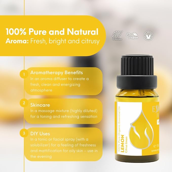 Essences Bulgaria Organic Lemon Essential Oil 0.51 Fl Oz | 15ml | Citrus Limon | 100% Pure | Natural | Undiluted | Therapeutic Grade | Aromatherapy | Cosmetics | Cruelty Free | Non-GMO | Vegan