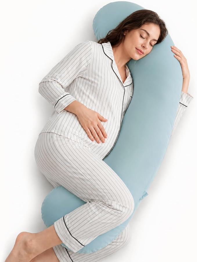 Momcozy Pregnancy Pillows with Cooling Cover, J Shaped Maternity Body Pillow for Pregnancy, Breathable & Stretchy Cooling Fabric, Full Body Support for Head, Neck, Belly, HIPS, Mist Blue
