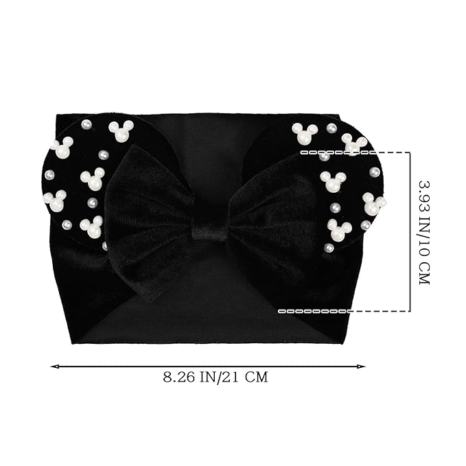 JIAHANG Black Velvet Mouse Ears Turban Headwrap with Beads, Wide Velour Hair Bow Hairband for Unisex Baby, Infants, Toddler, Kids, Newborns