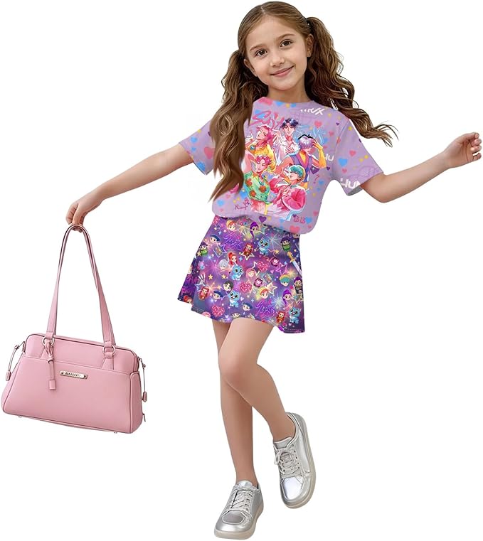 Girls 2-Piece Anime Outfit Set, Short Sleeve Graphic T-Shirt and Printed Skirt Set