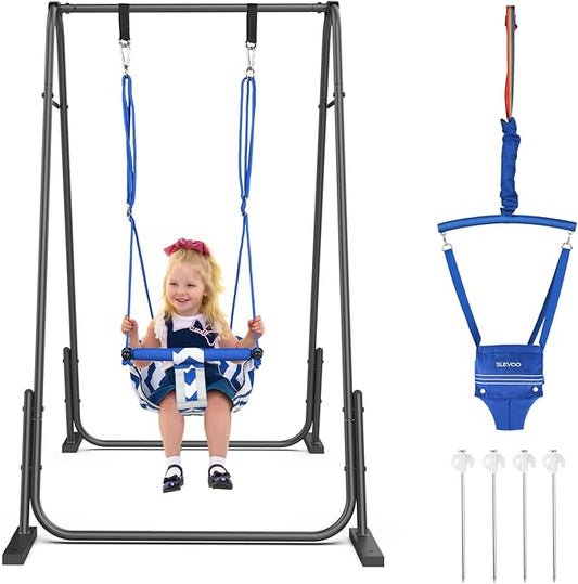 Slevoo 2 in 1 Baby Jumper Swing, Portable Toddler Swing with Foldable Stand, Indoor Outdoor Baby Jumpers and Bouncers, 6 Months to 6 Years, Blue