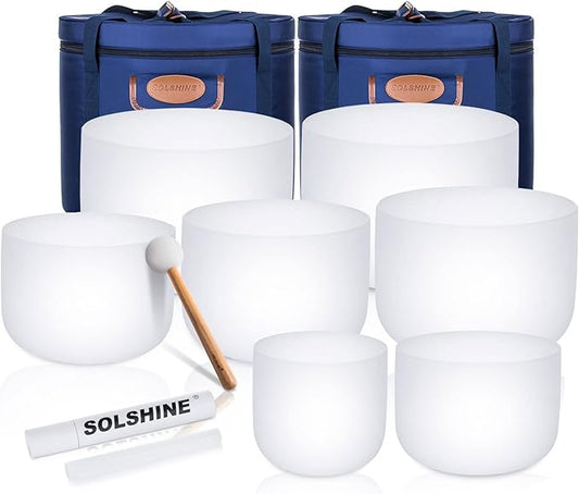 SOLSHINE 6-12 Inch Crystal Singing Bowl Set of 7 For Sound Healing With 2pcs Free Heave Duty Carring Case Crystal Mallet And O-ring Sound Repairer