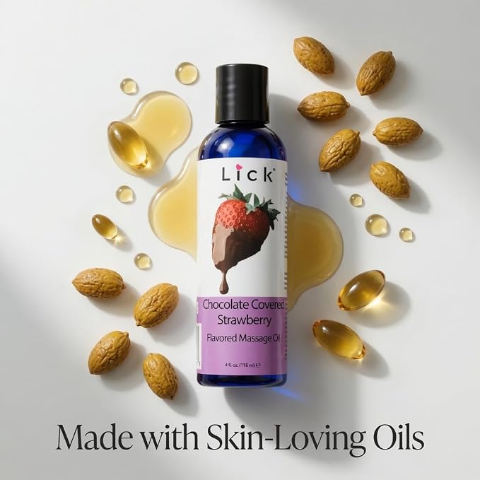 Lick Chocolate Covered Strawberries Massage Oil – Gourmet Dessert Edible Massage Oil with Almond Oil & Vitamin E, Luxurious Glide for Romantic Couples Massage, 4 oz