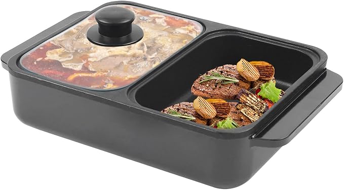 Hot Pot with Grill,2 in 1 Indoor Non-Stick Electric Hot Pot and Frying Pan,Independent Temperature Control,Portable Multifunctional Smokeless Korean BBQ Grill for 1-2 People (Black)