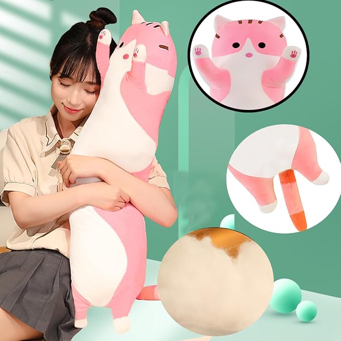 Pink Cat Long Plush Pillow Kitty Stuffed Animals Soft Sleeping Throw Pillow Doll Toy (Pink,35inches)