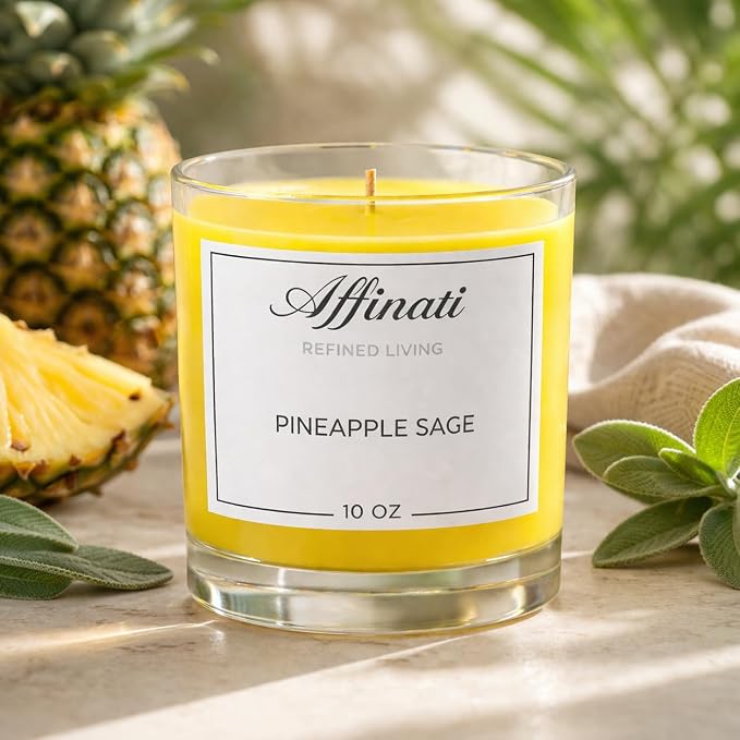 Pineapple Sage Affinati 10 oz Scented Candle for Home – Long Lasting Fruity Soy Blend Candle with Wooden Wick, Strong Scent Throw Glass Jar Candles, Premium Clean Burning Aromatherapy Gifts