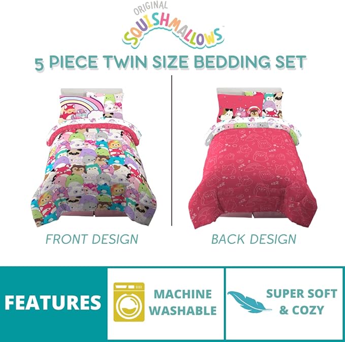 Franco Squishmallows Bedding Super Soft Comforter and Sheet Set with Sham, 5 Piece Twin Size
