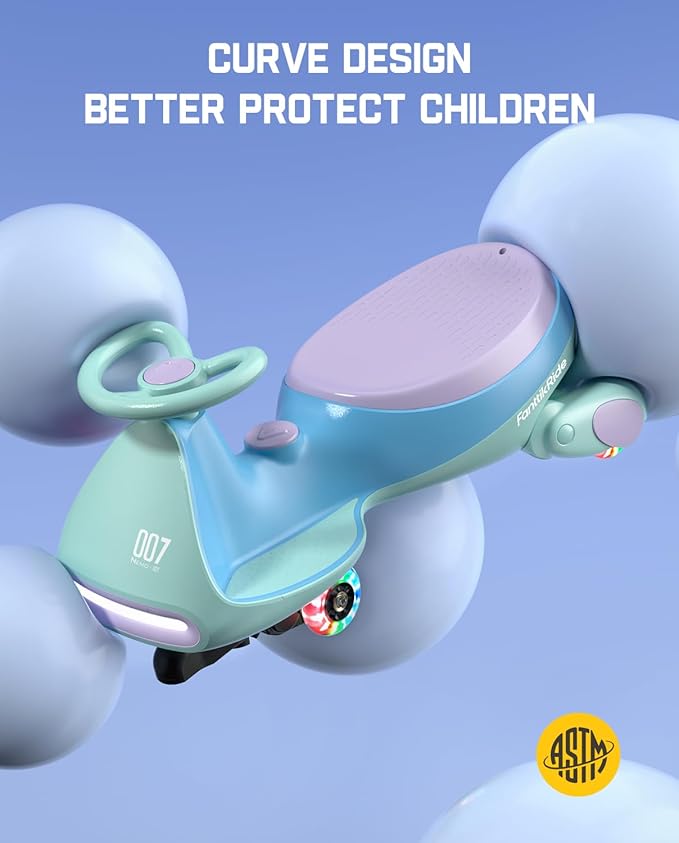 FanttikRide N7 Pro Electric Wiggle Car, Rechargeable Battery, CyberWiggle, 2 in 1 Swing Car, 2 Speeds Max 4 Mph, Anti-Rollover, Flashing Wheels, Bluetooth, for Ages 3 and Up, 150 Lbs, Glacier Blue