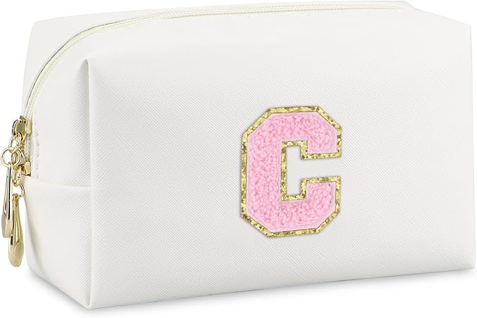 Initial Makeup Bag, Personalized Preppy Letter Monogram Cosmetic Bag | Waterproof PU Material, Compact Size, Large Capacity 7.09 x 2.95 x 3.94 in, Surprise Gift for Daughters and Teens