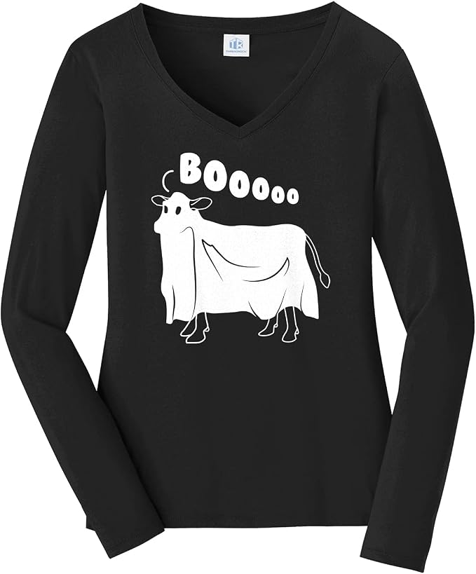 Threadrock Women's Cow Ghost Saying Moo Long Sleeve V-Neck T-Shirt