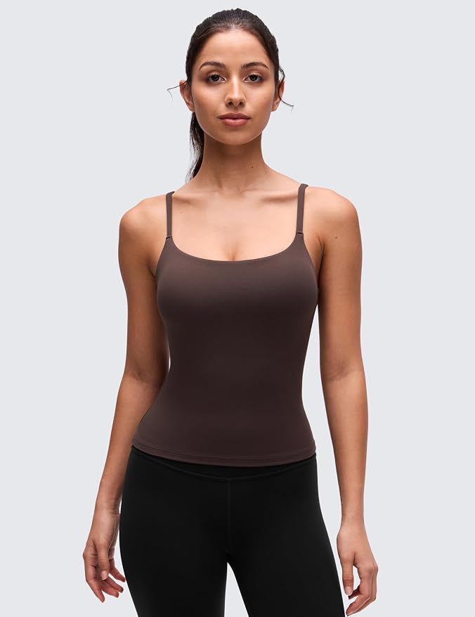 CRZ YOGA Softretch U Back Camisole Tank Tops for Women - Scoop Neck Padded Spaghetti Straps Soft Yoga Crop Top