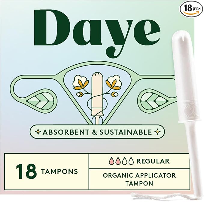 Daye Organic Tampons Regular | 18ct | Pesticide & Metal Tested, 100% Organic Cotton, Best Absorbency | No-Shed Sleeve, Sugarcane Applicator
