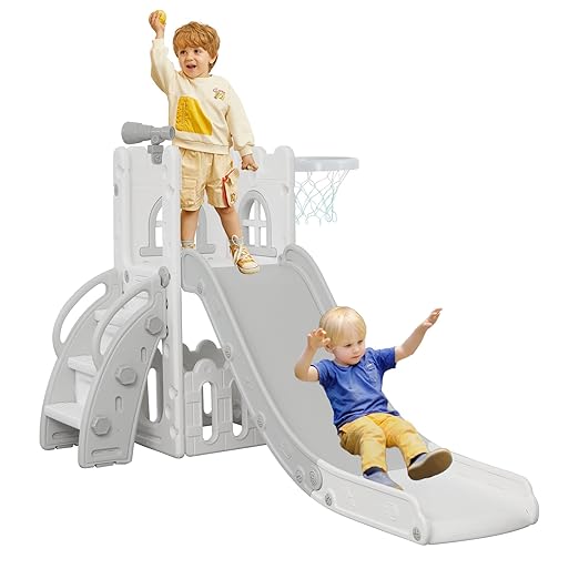 6 in 1 Toddler Slide,Kids Climber Slider for Indoor Outdoor Playground with Basketball Hoop,Storage and Telescope,L Shaped Slide for Toddler Climber Playset