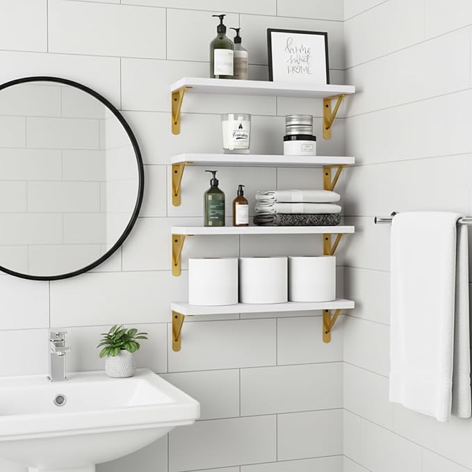 Fixwal White Shelves, Wood Wall Floating Mounted Shelves for Bedroom, Bathroom, Living Room, Kitchen Storage and Decor(White, Set of 4, 16.5 Inch)