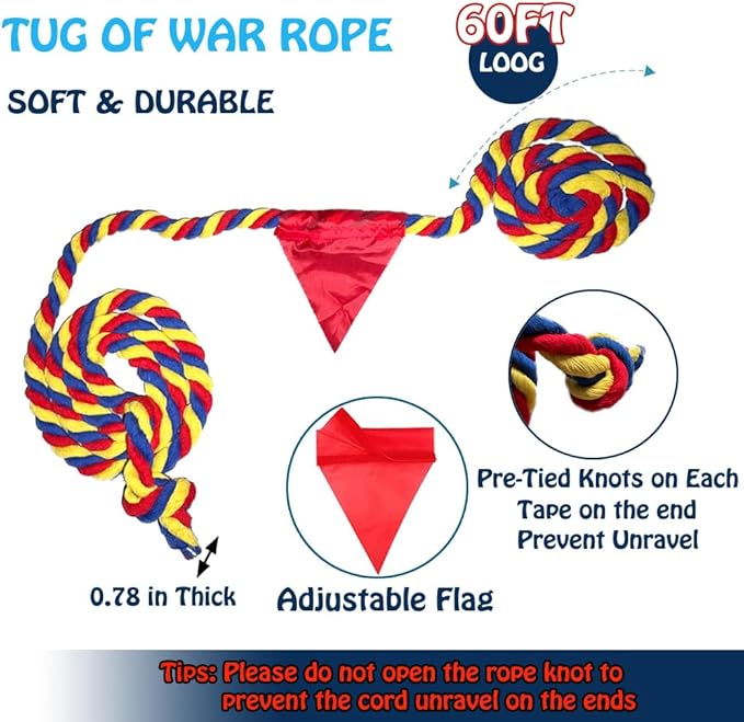 Tug of War Rope for Kids and Adults, Outdoor Games Summer Outdoors Yard Backyard Camping Lawn for Field Day Family Reunion Birthday Party Team Building Activities Carnival (Colours, 60FT)