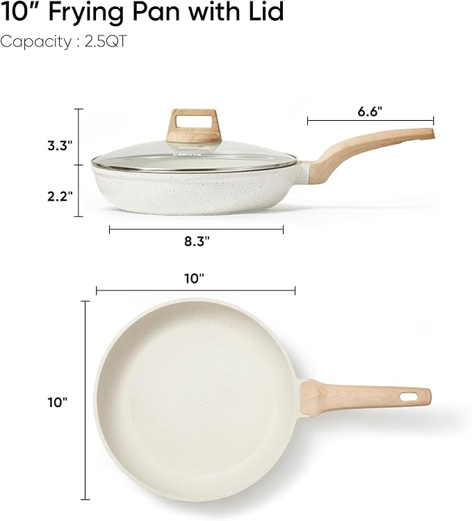 CAROTE Non Stick Frying Pan, 10 Inch White Granite Skillet with Glass Lid | Non Toxic Kitchen Healthy Cookware, Compatible with All Stovetop, Dishwasher Safe, PFOA Free