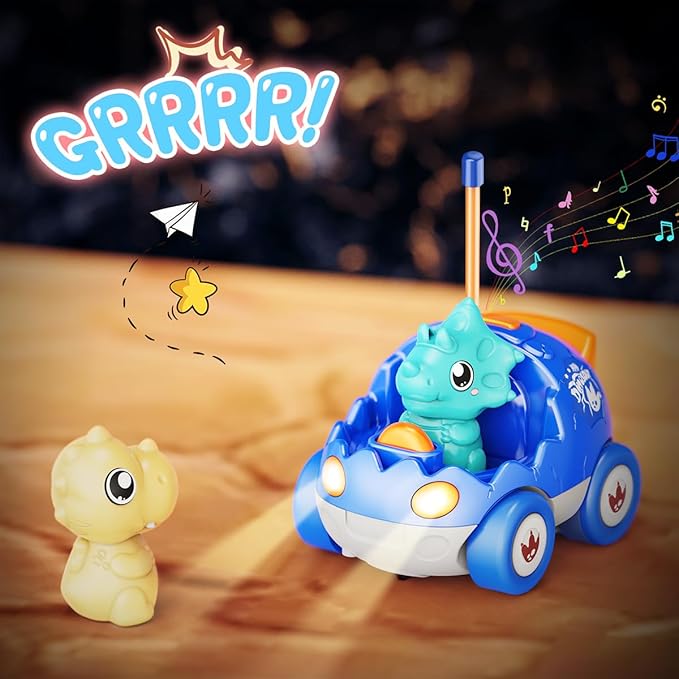 2 Pack Dinosaur Remote Control Cars Toys for Kids 2 3 4 5 Years Old, Valentine's Day Birthday Gifts for Boys and Girls Ages 2-5, Dino Race Car Toddlers Toys with Music and Light(Red Blue)