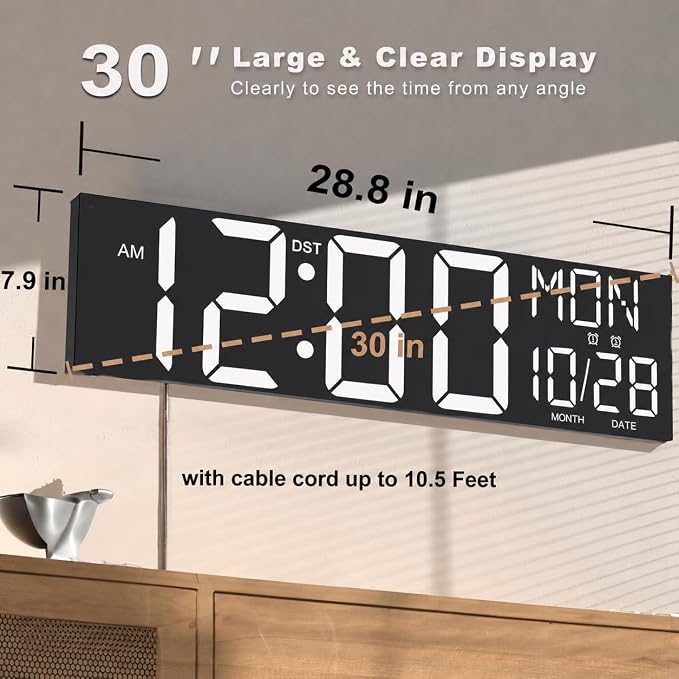 JALL 30" Giant Digital Wall Clock, Extra Large LED Clock with Remote, Huge Wall Clock with Jumbo Numbers for Living Room, White