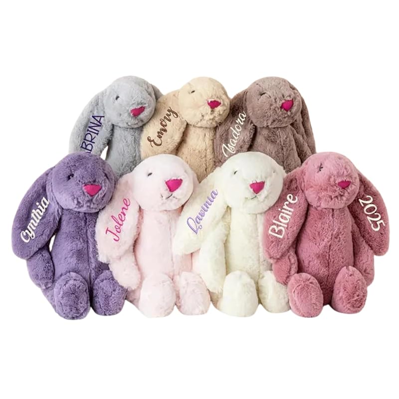 Custom Easter Bunny Plush for Babies with Embroidered Name, Handmade Personalized Plush Rabbit Bunny Stuffed Animal for Girl Boy Baby Gift(11.8inches- 1 ear embroidery)