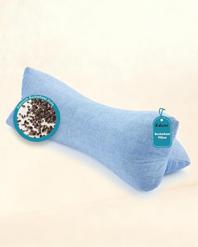 Adjustable Buckwheat Neck Pillow for Back Sleepers – Cylinder Cervical Support Bolster Relieves Neck Pain, Cooling Fill, Roll Pillow Ideal for Office Nap, Travel Home, 6"x15", Blue