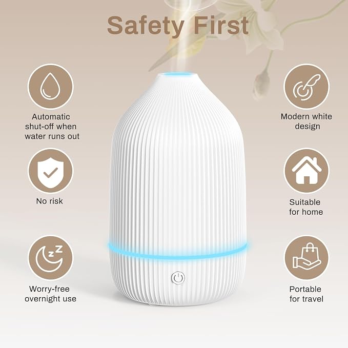 Essential Oil Diffuser, 100ml Aromatherapy Diffuser, White | Ultrasonic Cool Mist Humidifier, 7 Color LED Lights, Auto Shut-Off, Diffuser for Home, Bedroom, Office, Yoga