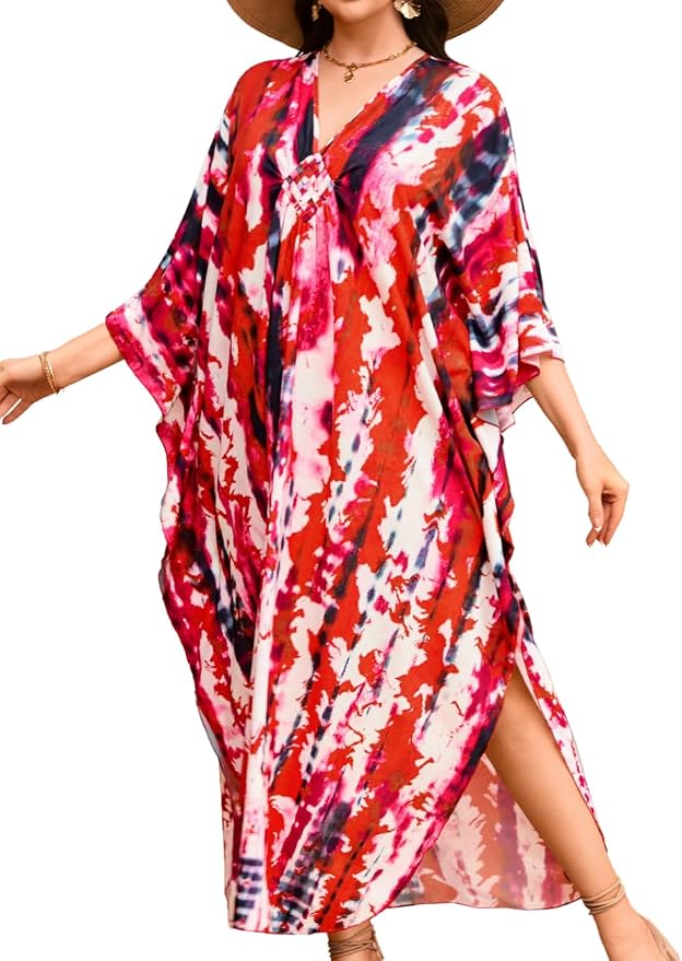 ChiaoLezhee Print Moo-Moos for Women, Kaftan Cover-Up Dresses, Sexy V-Neck High-Slit, Beach Pool-Party Coverups Muumuu Plus