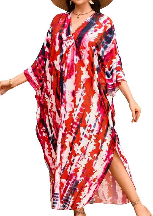 ChiaoLezhee Print Moo-Moos for Women, Kaftan Cover-Up Dresses, Sexy V-Neck High-Slit, Beach Pool-Party Coverups Muumuu Plus