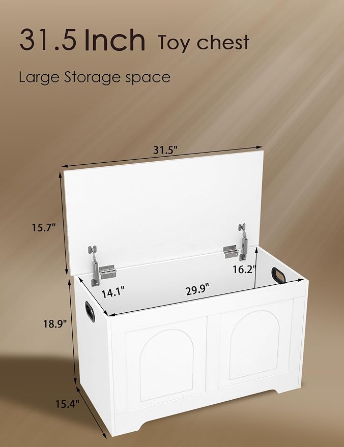 Storage Chest, Wooden Toy Box, White 31.5" L | Entryway Shoe Bench, 2 Soft-close Hinges, Finger-safe Flip-Top Lid, Easy Assembly, Farmhouse Large Trunk, Living Room/Bedroom