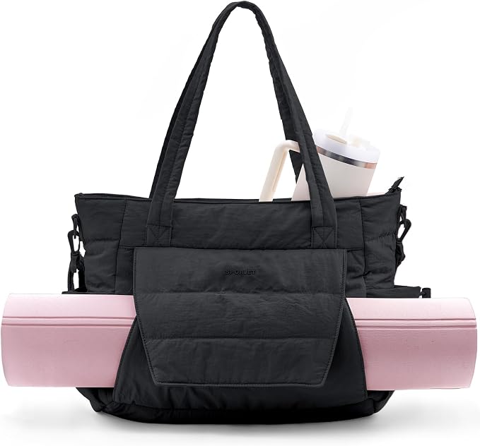 Yoga Tote Bag for Women with Yoga Mat Holder & Luggage Sleeve, Large Pilates Gym Bag with 16" Laptop Compartment, Lightweight Puffer Quilted Travel Tote with Water Bottle Pockets for Work