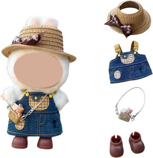 4/5/6 Set Doll Clothes Compatible with 17cm labubu, Clothes for Dolls Outfit, Contain Hat +Glasses+ Summer Camisole Dress+Mini Bag+ Mini Camera + Shoes, No Doll Include (Brown)