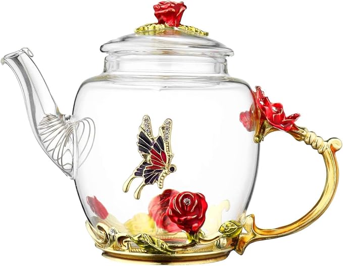 Glass Teapot -300 ml (10 oz), Flower Decoration Heat Resistant Glass Teapot Kettle with Golden Leaf Edge Color Floral Pattern Retro Teapot Tea Party Set (Red)