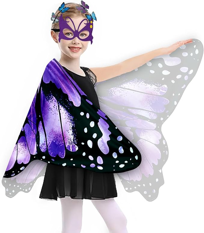 Kids Butterfly Wings Costume for Girls Fairy-Wings Mask Party Favors Gifts (Purple sets)