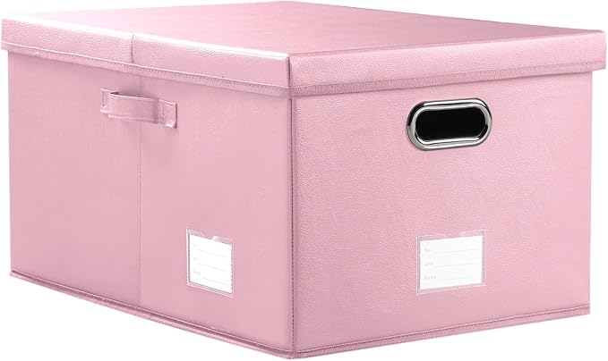 Collapsible Storage Box with Lid [1-Pack] Leather Fabric Foldable Storage Bin Organizer Container Basket Cube with Cover for Home Bedroom Closet Office Nursery Pink (22.8X15.7X11.8)