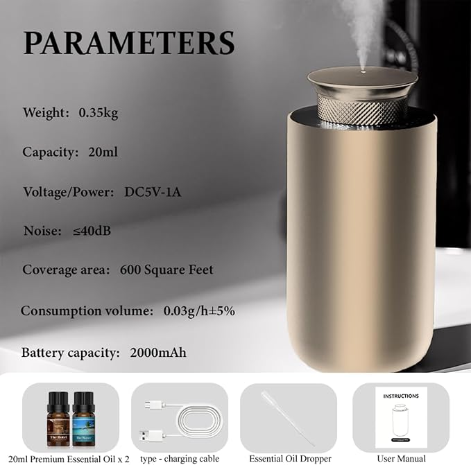 2026 Upgraded Rechargeable Waterless Car Scent Diffuser Kit, Includes 2 Premium Oils, Auto On/Off, 4 Mist Levels & Timers, Portable Aromatherapy Diffuser for Hotel,Home,Room,Studio,Office - Gold