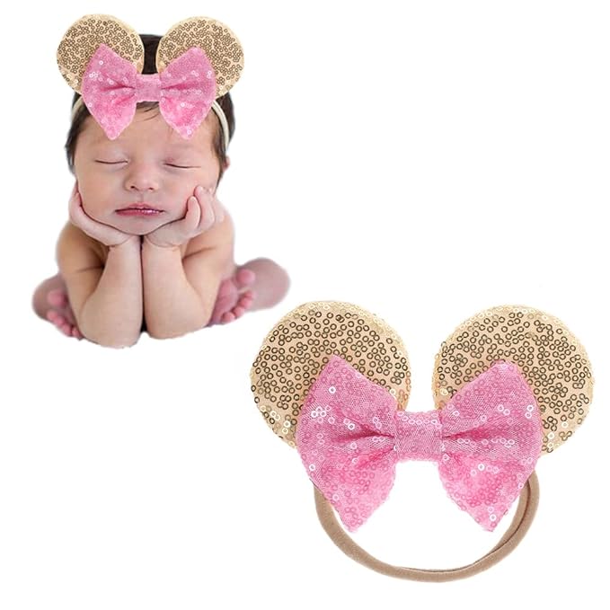 JIAHANG Mouse Ear Nylon Headband with Sequin Bow, Soft Elastic Hair Bow Hair Band, Party Headwear for Baby Newborn Infant Toddlers, kids, Gilrs