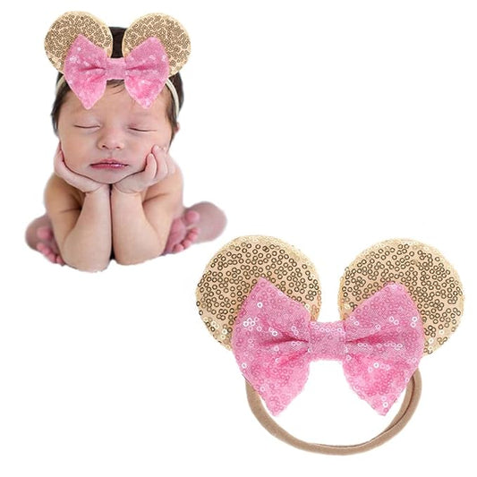 JIAHANG Mouse Ear Nylon Headband with Sequin Bow, Soft Elastic Hair Bow Hair Band, Party Headwear for Baby Newborn Infant Toddlers, kids, Gilrs