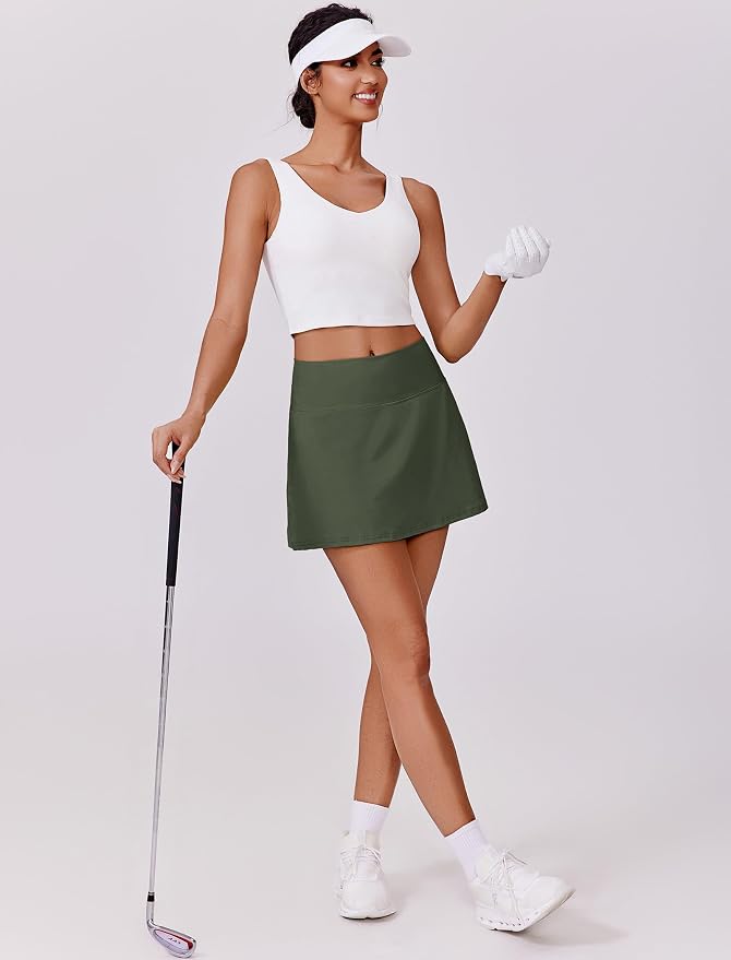 PINSPARK 14" Womens Tennis Skirt High Waisted Golf Skort with 2 Pockets | Built-in Shorts, A Line, Tummy Control, Stretchy, Casual, Mini, Workout, Pickleball, Running, Skort for Woman