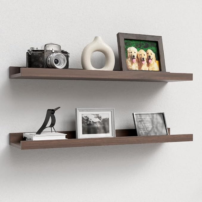 Boswillon Floating Shelves Set of 2, Long Wall Shelf with Lip, 24in, Walnut | Display Ledge Shelf for Room Wall, Wall Decor Shelves for Bathroom, Living Room, Bedroom, Kitchen, Nursery Room, Rustic, Wood