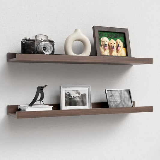 Boswillon Floating Shelves Set of 2, Long Wall Shelf with Lip, 24in, Walnut | Display Ledge Shelf for Room Wall, Wall Decor Shelves for Bathroom, Living Room, Bedroom, Kitchen, Nursery Room, Rustic, Wood