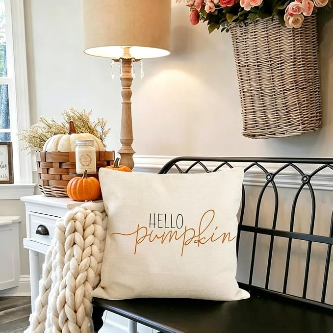 RABUSOFA Fall Pillow Covers 24x24 Inch Fall Decor for Home | Hello Pumpkin Lettering,Indoor Outdoor Use,Harvest Autumn Thanksgiving Decorations for Couch Sofa