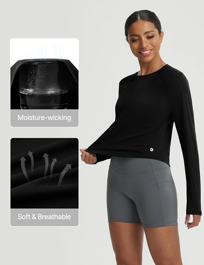 baleaf Women's UPF 50+ Long Sleeve Sun Shirts Crop Rash Guard UV Workout Tops SPF Slim Fit Lightweight Athletic Hiking