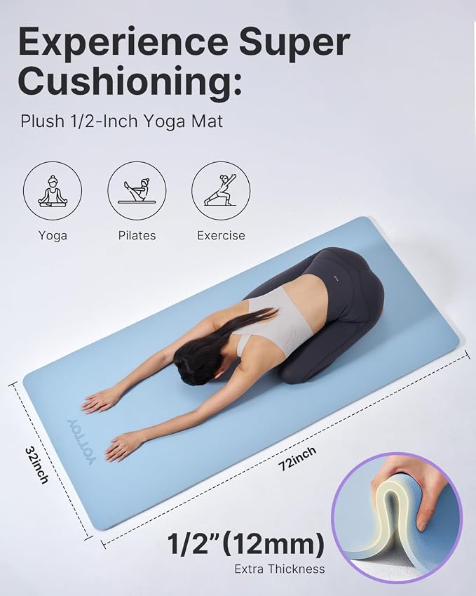 YOTTOY Yoga Mat，Extra Thick Yoga Mat (1/2inch),Professional TPE Exercise Mat,Non-Slip Workout Mat for Yoga, Pilates, Fitness, Barefoot Workouts, Home Gym Studio with Strap